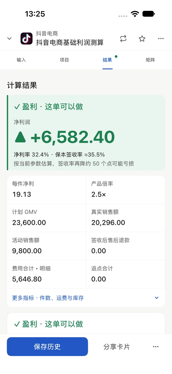App 测算结果页,示例净利润 6,582.40 元、净利率 32.4%,下方提供保存历史和分享卡片