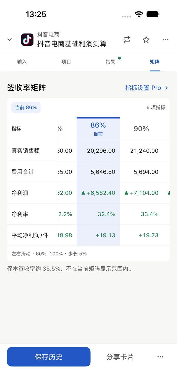 App 矩阵页:当前签收率 86%,对应示例净利润 6,582.40 元,可横向比较其他情景